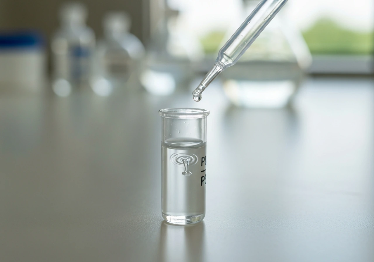 A pipette drops a tiny nutrient-rich droplet into clear PBS in a lab tube, showing contamination mixing.