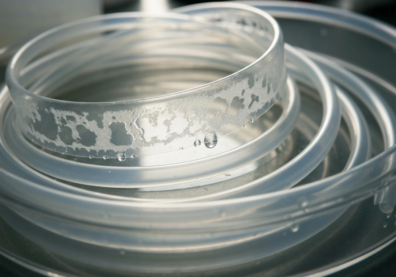 Close-up of lab tubing in PBS with subtle patchy cloudy biofilm residue along the inner surface.