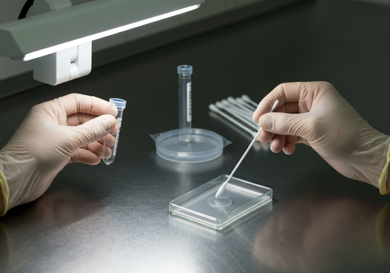 Lab technician using a sterile swab to spot plate PBS and check for turbidity under bright light.