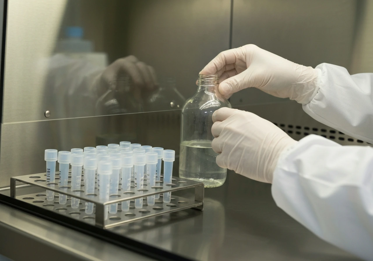 Lab tech transfers sterile PBS from a large bottle into small single-use aliquot tubes in a biosafety cabinet.
