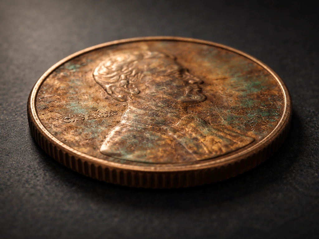Close-up macro of a weathered copper penny on a dark surface with visible patina sheen.