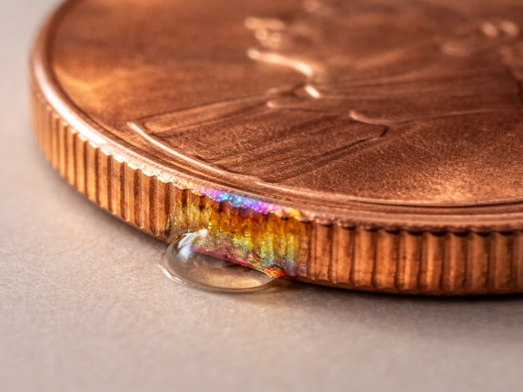 Macro view of a copper penny with a small contact spot showing fresh tarnish and wet sheen.