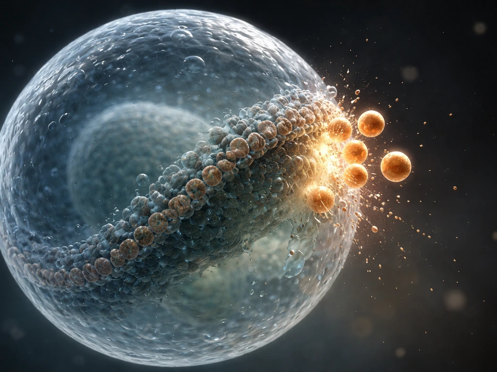 Macro view of a bacterial membrane rupturing as glowing copper ions punch holes at the boundary.