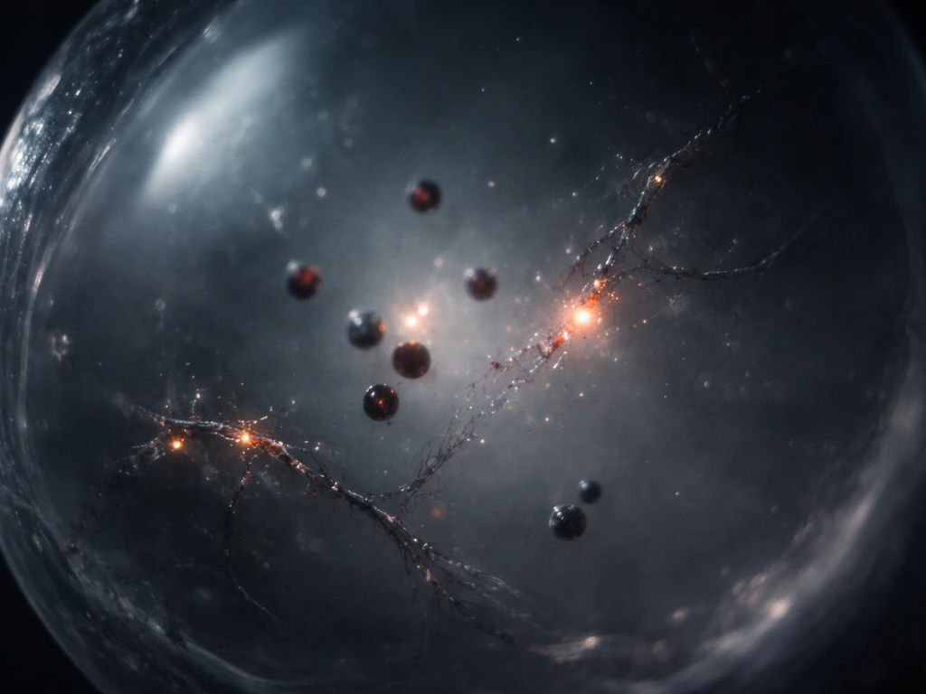 Macro-like view of a single cell interior with dark glowing reactive particles causing subtle strand damage.