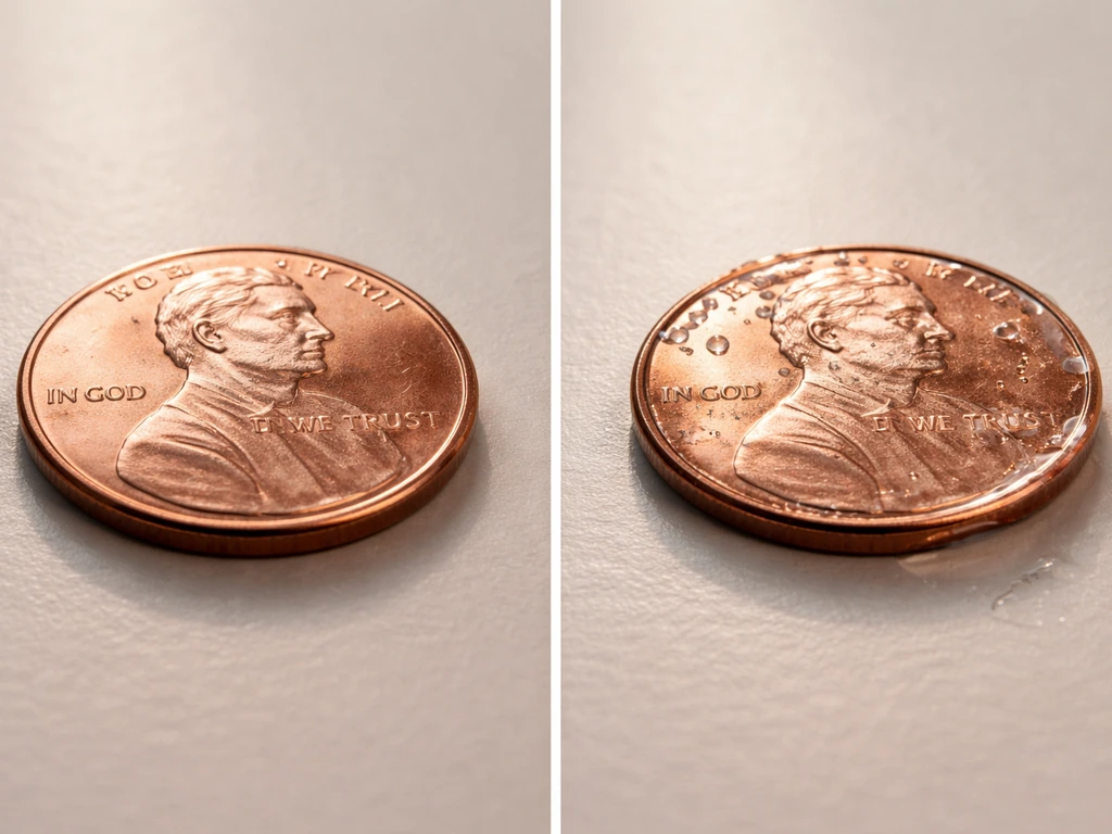 Two close-up pennies, one dry and one with a thin water film showing condensation-like moisture.