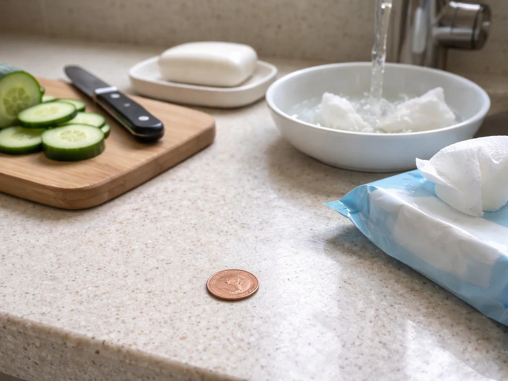 A copper penny resting near food-prep items beside soap and a sanitizing wipe