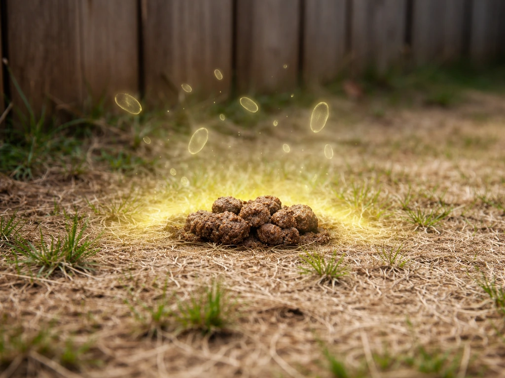 Old dog feces outdoors with a subtle warning cue suggesting contamination risk from parasites.