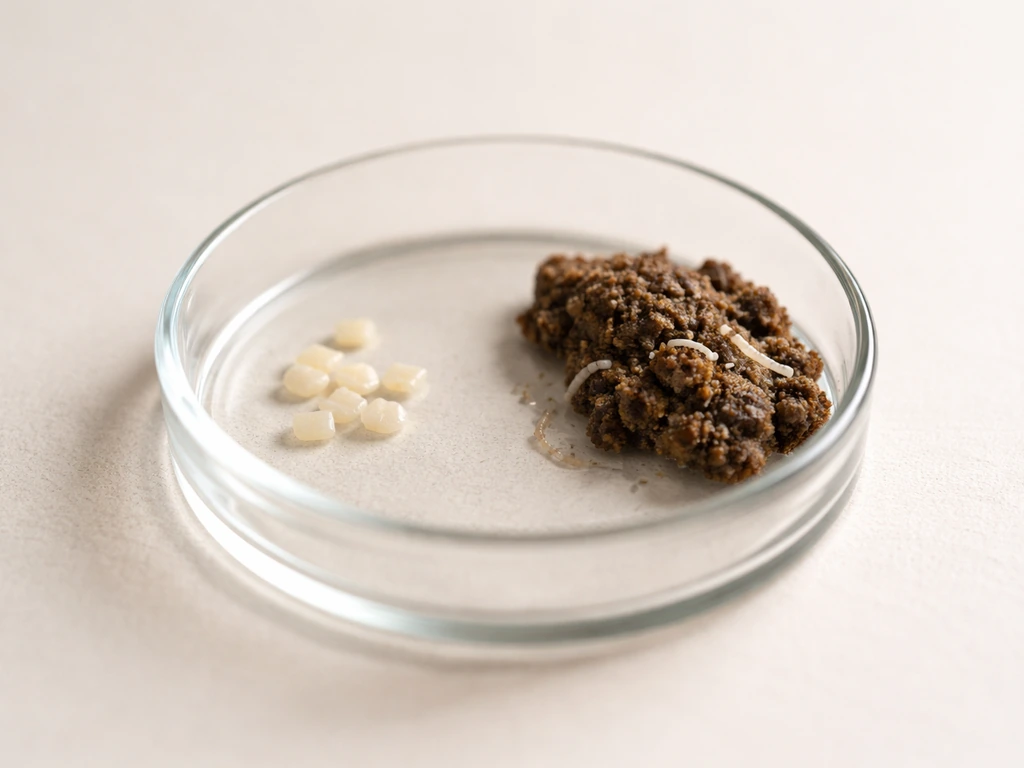 A small glass dish shows pale tapeworm segments beside darker dog feces contents, clearly separated.