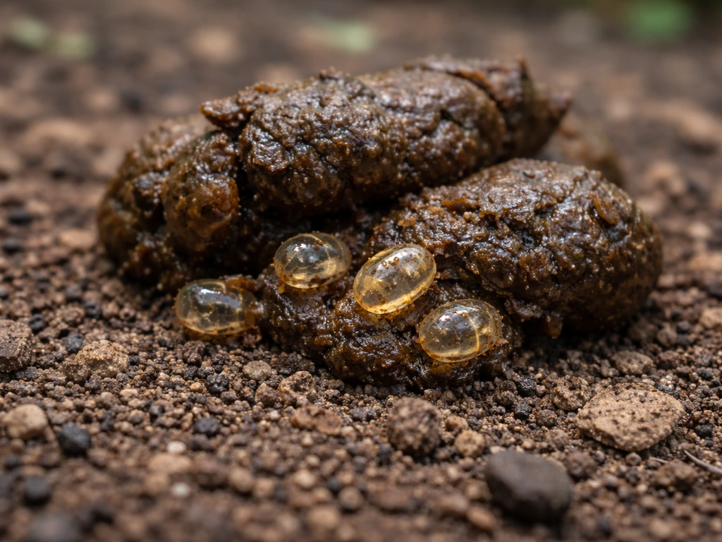 Close-up of dog feces on soil with a few visible roundworm eggs near the surface.