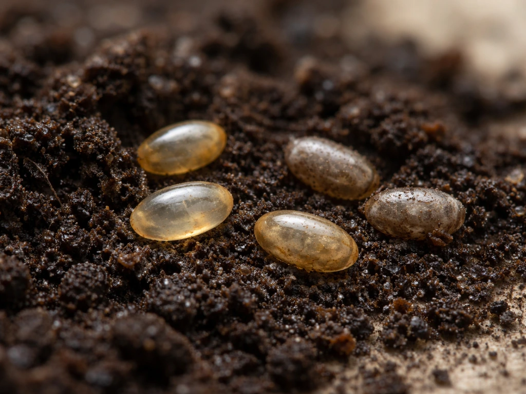 Close-up of translucent oval eggs on dark soil with three softened age stages, natural light.