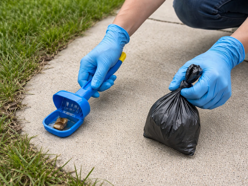 Nitrile gloves and a plastic bagged hand holding a small debris scoop near a yard walkway