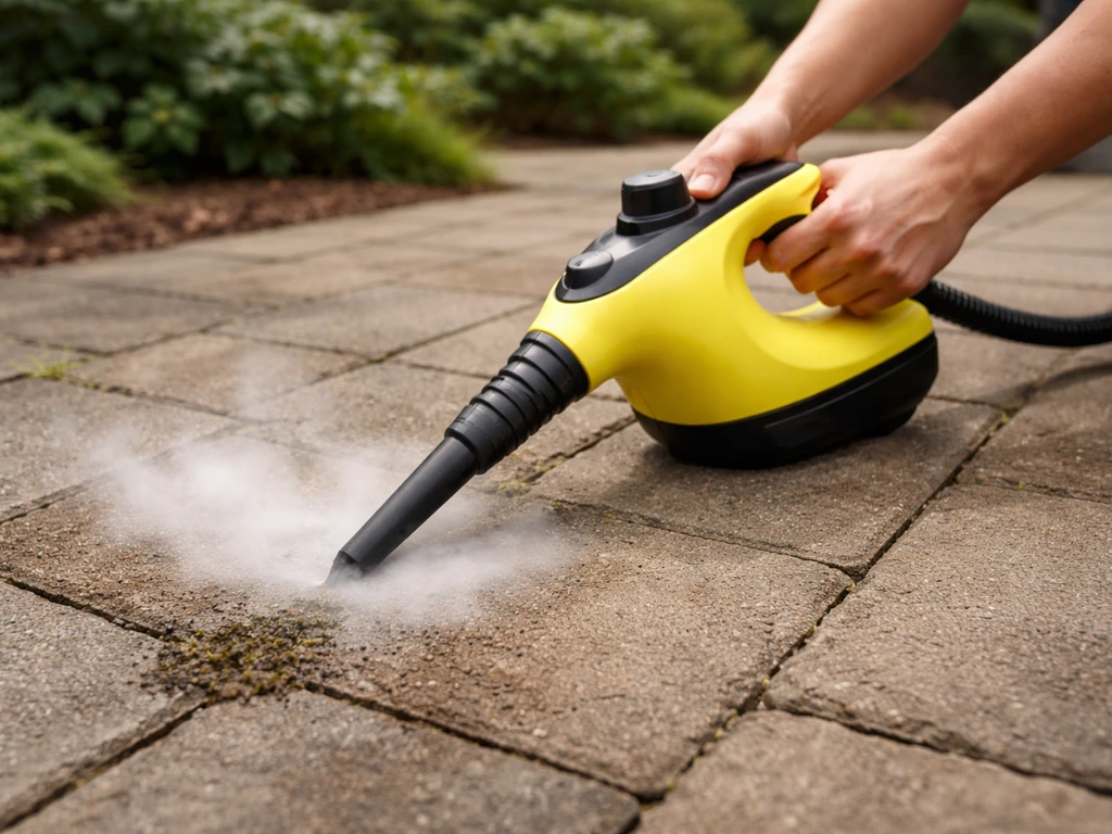 Hands using a handheld steam cleaner on a hard outdoor patio surface, with a garden yard in the background.