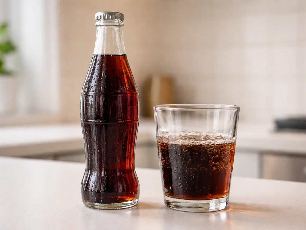 Unopened bottle of soda on a kitchen counter with bubbles in a glass, clean and safe-looking.