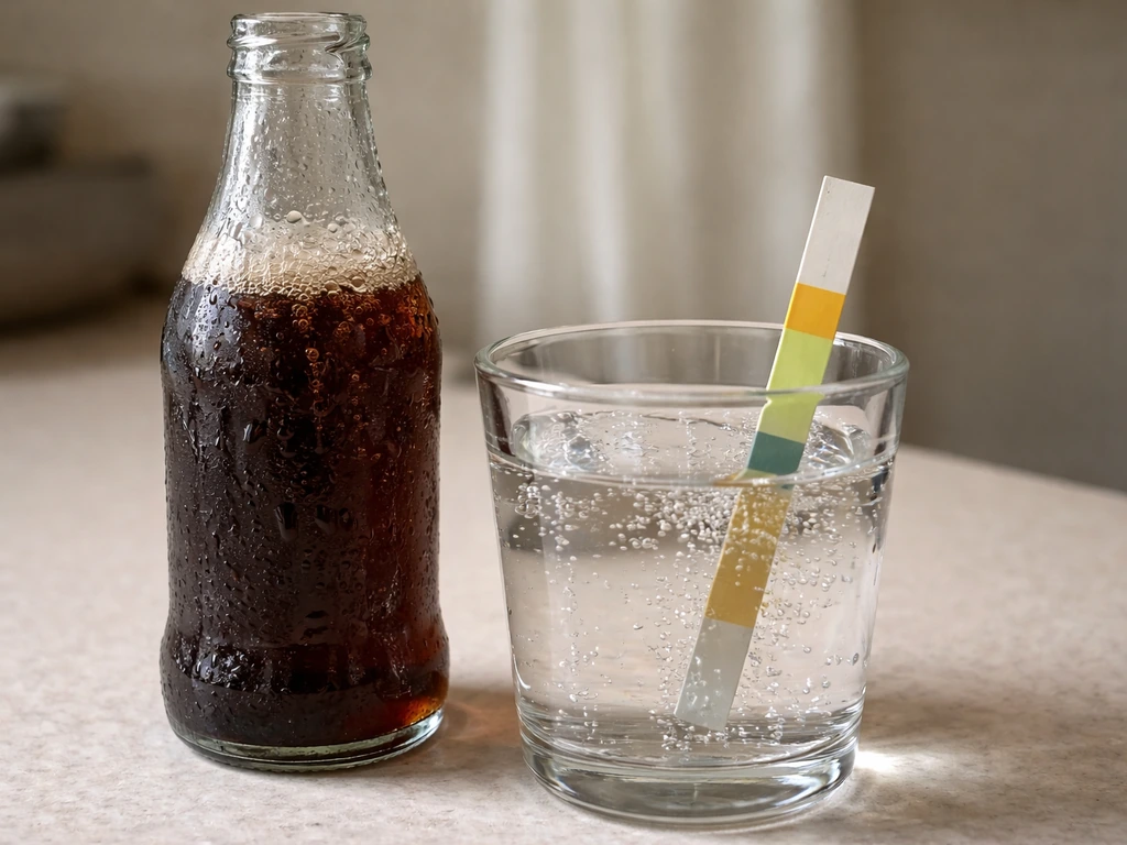 Close-up of a carbonated soda bottle with visible fizz, suggesting low pH and dissolved CO2 barriers.