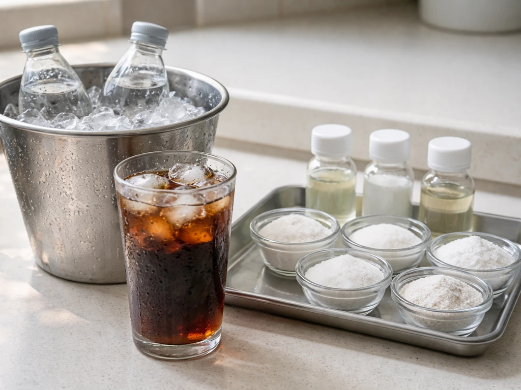 Close-up of soda samples beside a tabletop ingredient display suggesting preservatives as a safety hurdle.