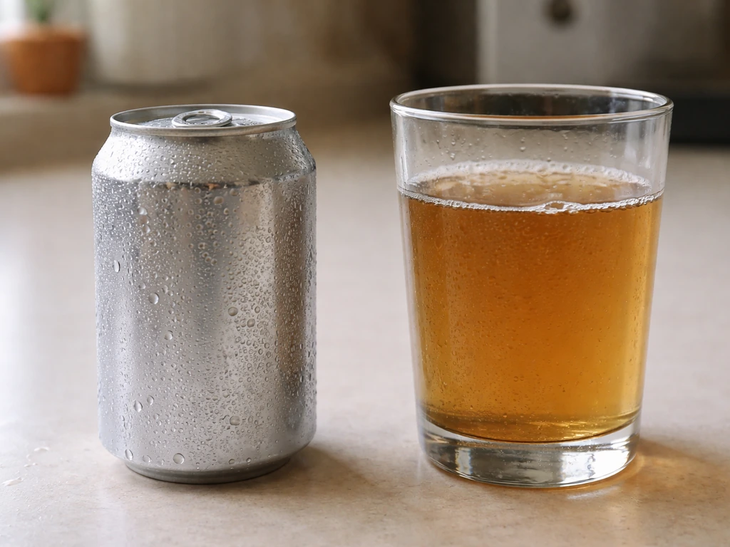 Unopened soda can beside an opened, flat soda bottle with no bubbles on a kitchen counter